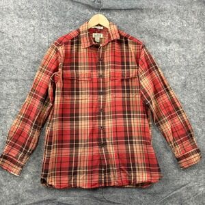 LL Bean Shirt Mens Medium Red Beige Plaid Chamois Cloth Button Up Cotton 277981